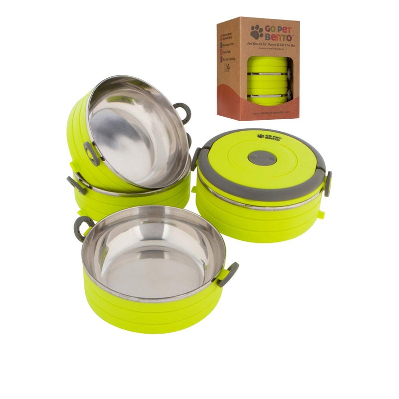 Healthy Human Travel Pet Bento Bowls - Human-Grade Stainless Steel & BPA-Free, Leak-Proof Water & Food Container Set for Dogs & Cats, 4-Pack Interlocking Bowls, Includes Spare Clips & Handle (Green) - Image 1